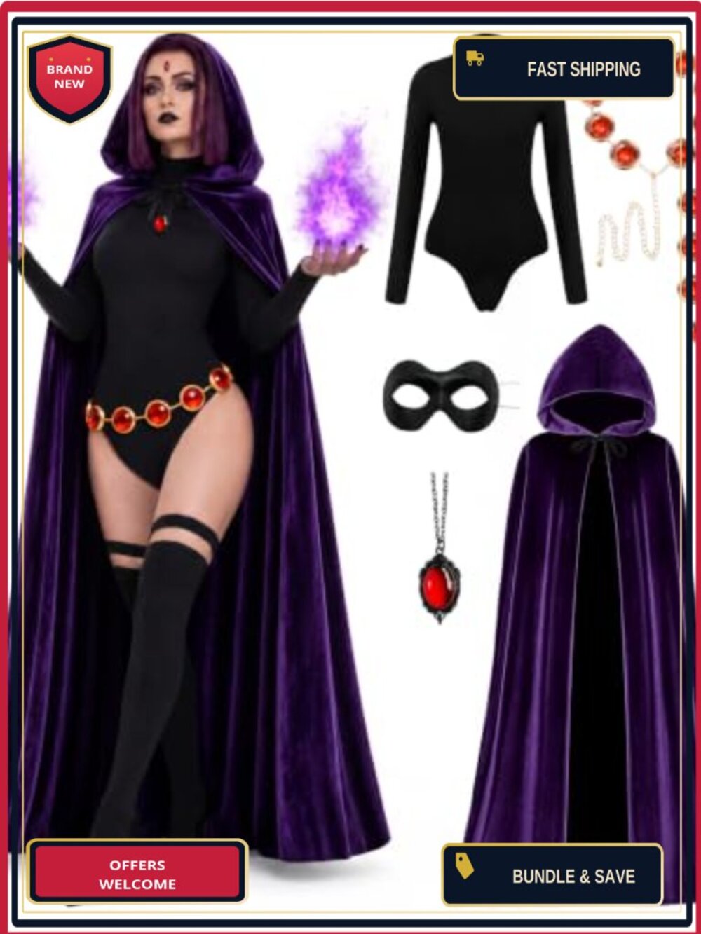 Raven Costume for Women 6-Piece Halloween Set with Hooded Cloak, Bodysuit & Belt